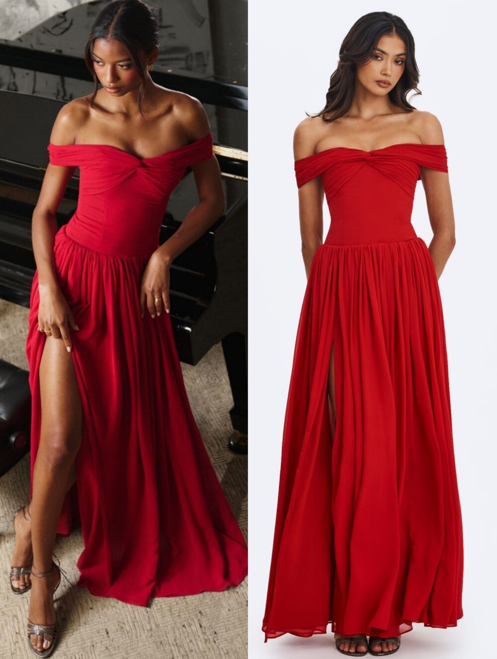 Miss Circle Tereza Crimson Georgette Bardot High-Slit Maxi Dress Small
